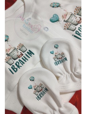 Miniya Bebe Papatya Balonlu Tavşan Baskılı  Isimli Unisex Bebek Tulum Seti