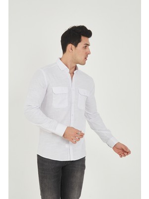 Jack Carısma Pamuk Keten Likralı-Esnek Kapaklı Çift Cep Erkek Gömlek