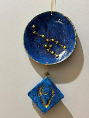 Boğa Burcu Yıldız Haritalı Tabak - Pirinç Yıldızlı Boğa Armalı Duvar Süsü -  Kutusunda