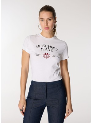 Moschino Jeans Yuvarlak Yaka Baskılı Beyaz Kadın T-Shirt A0703-1001