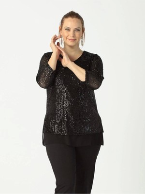 Moda Berray Kadın Siyah Payet Büyük Beden Bluz