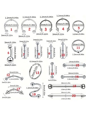 Paslanmaz Çelik Kadın Erkek  Set 20 Adet Farklı Piercing