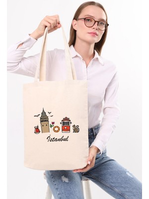 Çınar Bez Çanta Kanvas İstanbul Galata Çay Baskılı 35x40x8cm Kadınlar İçin Şık ve Ergonomik