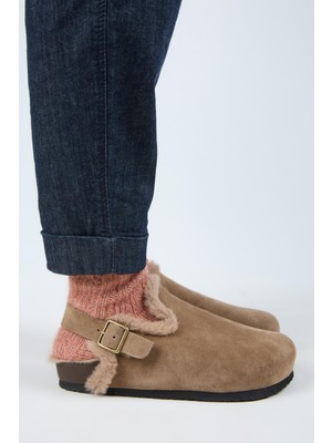 Manijero (Holly 2 Kürklü) Kadın Deri Kemerli Tokalı Sabo Vizon Sandalet