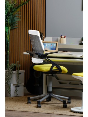 Creo Mobili Home Ofis İçin Döner Sandalye Tekerlekli ve Esnek Yapı - Taşıma kap. 120kg, Beyaz/Sarı - Vega Plus