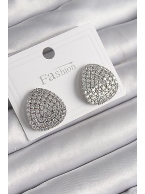 Callerrons Accessories Pirinç Gümüş Renk Zirkon Taşlı Plaka Model Kadın Küpe - EBJ250113W30502