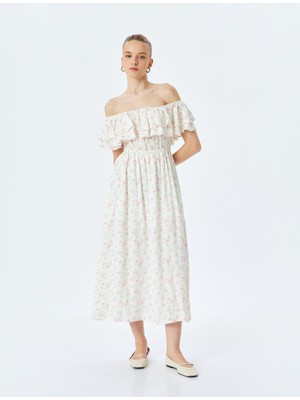 Koton Madonna Yaka Omzu Açık Gipeli Çiçekli Fırfırlı Uzun Elbise