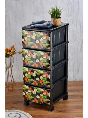 4 Katlı Çekmeceli Baskılı Desenli Kapaklı Plastik Komidin - Sebzelik - Çekmece