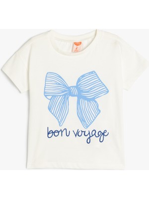 Koton Kız Çocuk Fiyonk Baskılı Kısa Kollu Pamuklu Tişört Günlük Stil Düşük Omuz Krem