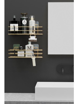 Wearme Home Gold Altın Yapışkanlı 2 Adet Banyo Rafı Duş Şampuanlık Duvar Düzenleyici Organizer