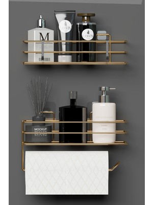 Wearme Gold Altın Kaplama Yapışkanlı Banyo Rafı 2 Li Set Kağıt Havlu Askılı Banyo Duş Organizer