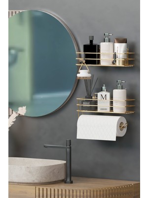 Wearme Gold Altın Kaplama Yapışkanlı Banyo Rafı 2 Li Set Kağıt Havlu Askılı Banyo Duş Organizer