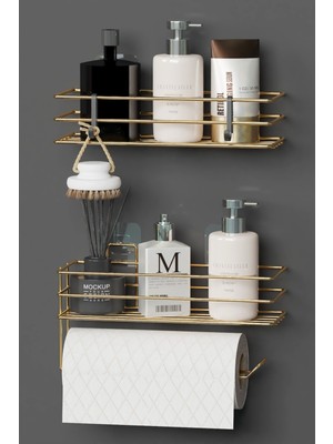 Wearme Gold Altın Kaplama Yapışkanlı Banyo Rafı 2 Li Set Kağıt Havlu Askılı Banyo Duş Organizer