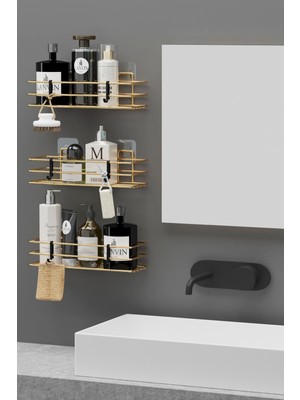 Wearme Home Altın Kaplama Yapışkanlı 3 Adet Banyo Rafı Duş Şampuanlık Duvar Düzenleyici Organizer