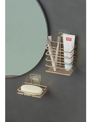 Wearme Home Gold Altın Kaplama Yapışkanlı Banyo Seti Duş Rafı + Sabunluk + Diş Fırçalık Metal Set