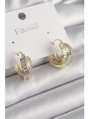 Pirinç Gold Renk Zirkon Taşlı Halka Model Kadın Küpe