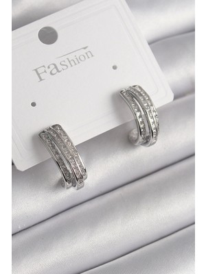 Pirinç Gümüş Renk Zirkon Taşlı Yarım Halka Model Kadın Küpe