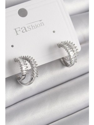 Pirinç Gümüş Renk 2'li Zirkon Taşlı Halka Model Kadın Küpe