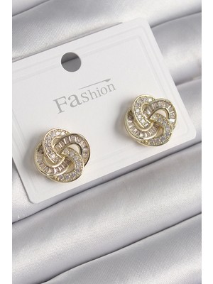Pirinç Gold Renk Zirkon Taşlı Çiçek Model Kadın Küpe