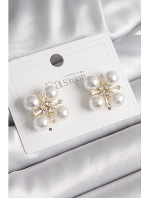 Pirinç Gold Renk Zirkon Taşlı Incili Kadın Küpe