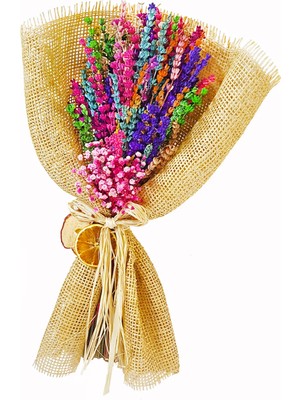 Çiçek Seli Pembe Cipsolu Renkli Kuru Lavanta Buketi &jut Ambalajlı & Hediye Dekoratif Çiçek & 40-45 cm