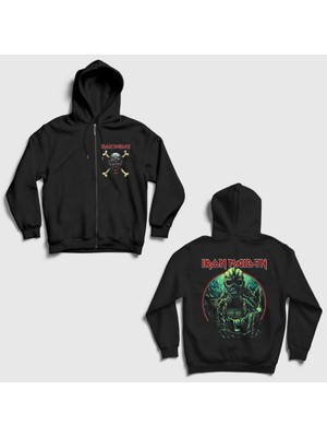 Presmono Siyah Wizard Metal Iron Maiden Sırt Baskılı Fermuarlı Kapüşonlu Sweatshirt
