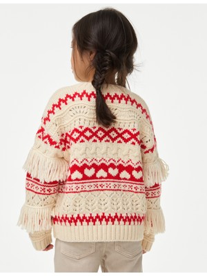 Fair Isle Püsküllü Yılbaşı Hırkası (1-8 Yaş)