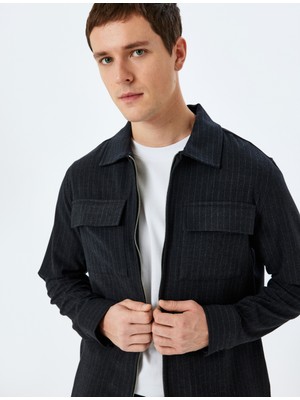 Koton Fermuarlı Kapaklı Cepli Viskon Karışımlı Uzun Kollu Çizgili Polo Yaka Gömlek Ceket