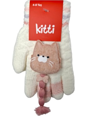 Kitti Spteks Kitti 4-8 Yaş Kız Çocuk Krem Renk Kedi Maskot Figürlü Kışlık Örme Eldiven