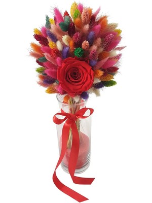 Çiçek Seli Kırmızı Solmayan Gül (Xl) Arcobaleno Vazoda Dekoratif Kuru Çiçek