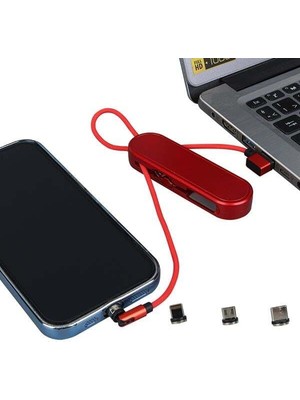 Powermaster PM-25904 Kırmızı 3in1 (Type C- Lightning- Micro Usb) Manyetik Uç Taşınabilir Şarj Kablosu