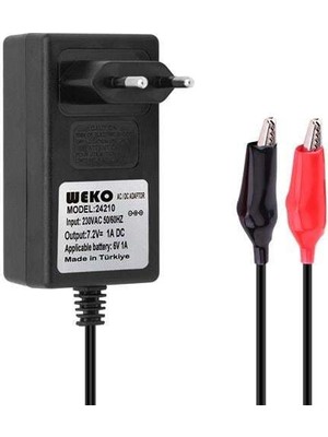 Weko 7.2 Volt - 1 Amper Krokodil Uçlu Priz Tip Kırmızı Yeşil Ledli Yerli Üretim Akü Şarj Adaptörü (OUT:6V1A)