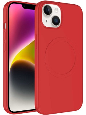 Apple iPhone 14 Plus Kılıf Magsafe Wireless Şarj Özellikli Pastel Renk Silikon Plas Kapak-Kırmızı