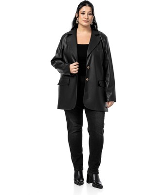 Büyük Beden Kapaklı Cepli Düğmeli Astarlı Siyah Suni Deri Ceket