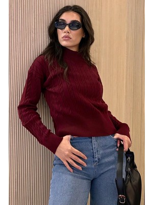 Bordo Yarım Balıkçı Yaka Örgülü Triko Kadın Kazak MG2257