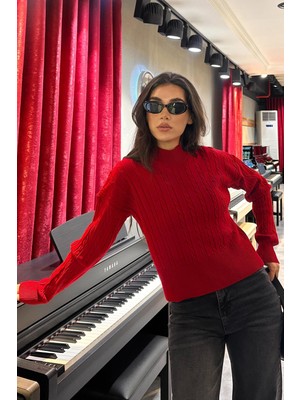 Kırmızı Yarım Balıkçı Yaka Örgülü Triko Kadın Kazak MG2257