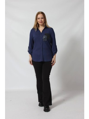 3277 Simli ve Derili Cepli Yumuşak Dokulu Büyük Beden Yün Gömlek
