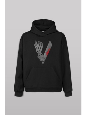 Siyah Sweat Vikingler Logo Vikings Gri Ön Baskılı Sweatshirt Unisex Kapüşonlu Hoodie
