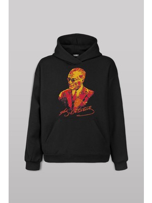 Karizma Gözlüklü Atatürk Sarı Kırmızı Lion Ön Baskılı Sweatshirt Unisex Kapüşonlu Hoodie