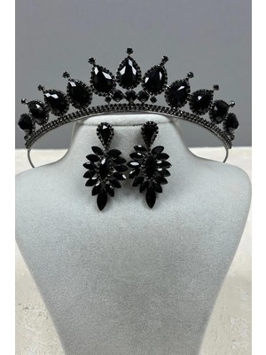 Hayalperest Boncuk Neri Model Düğün Kına Kostüm Tacı ve Damla Küpe Seti Siyah
