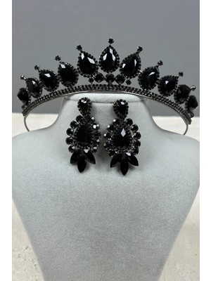 Hayalperest Boncuk Neri Model Düğün Kına Kostüm Tacı ve Mekik Küpe Seti Siyah