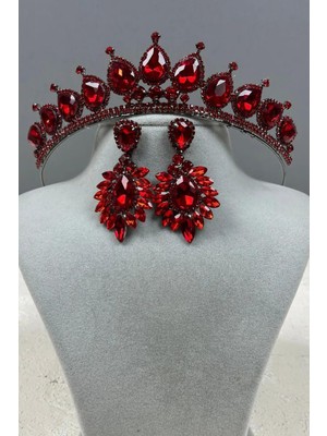 Hayalperest Boncuk Neri Model Düğün Kına Kostüm Tacı ve Damla Mekik Küpe Seti Kırmızı