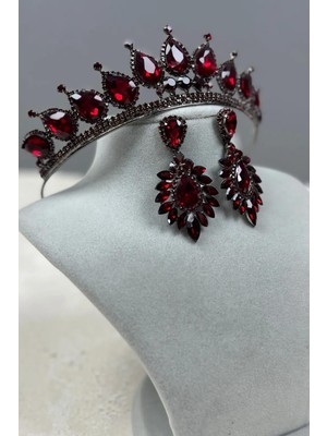 Hayalperest Boncuk Neri Model Düğün Kına Kostüm Tacı ve Mekik Küpe Seti Kırmızı