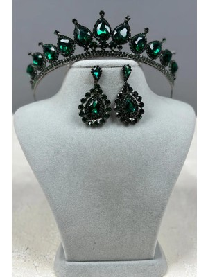 Hayalperest Boncuk Neri Model Düğün Kına Kostüm Tacı ve Mekik Küpe Seti Yeşil