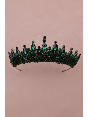 Hayalperest Boncuk Şık Kristal Taşlı Zarif Gelin Düğün Kına Tacı Yeşil