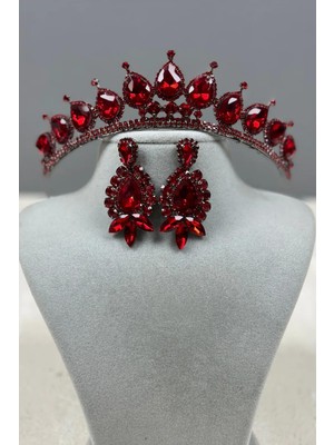 Hayalperest Boncuk Neri Model Düğün Kına Kostüm Tacı ve Mekik Damla Küpe Seti Kırmızı