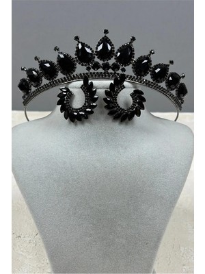 Hayalperest Boncuk Neri Model Düğün Kına Kostüm Tacı ve Yaprak Küpe Seti Siyah