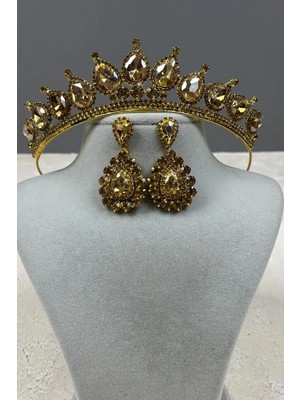 Hayalperest Boncuk Neri Model Gelin Düğün Kına Tacı ve Mekik Küpe Seti Gold
