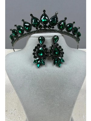 Hayalperest Boncuk Neri Model Düğün Kına Kostüm Tacı ve Mekik Damla Küpe Seti Yeşil