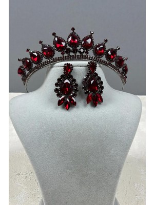 Hayalperest Boncuk Neri Model Düğün Kına Kostüm Tacı ve Mekik Damla Küpe Seti Bordo